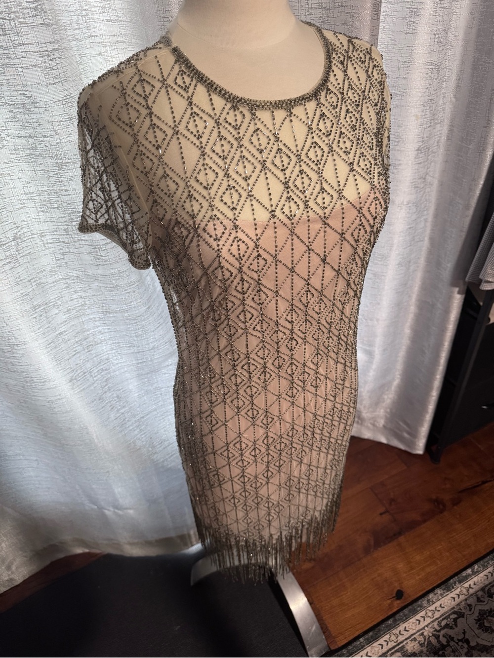 Elie Tahari Blush Dress with Metallic Beaded Overlay and Beaded Fringe